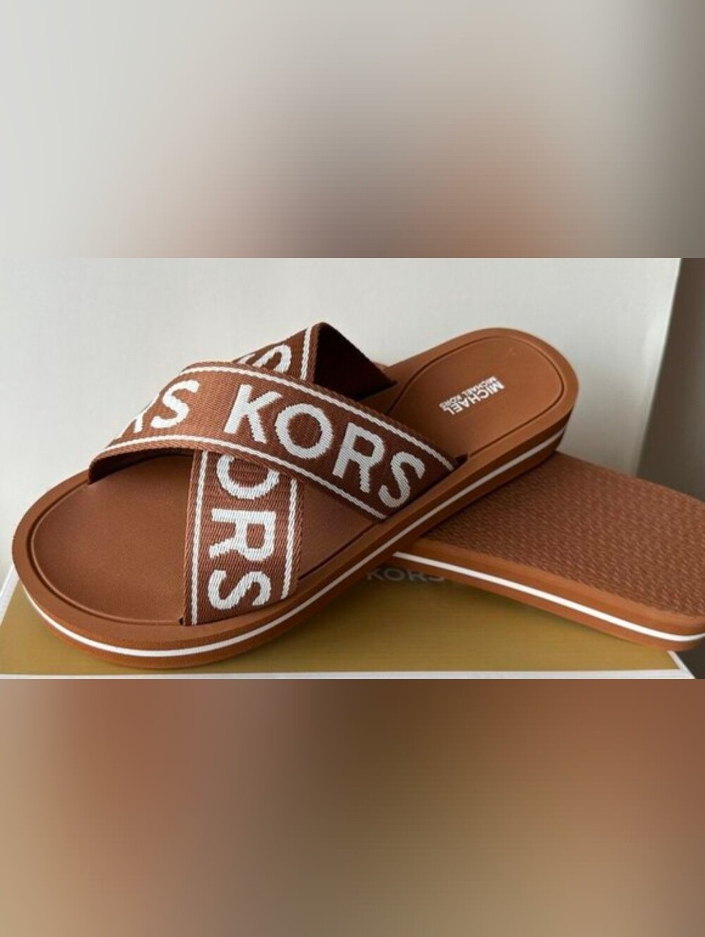 Michael Kors Brown and White Logo Crossband Slides